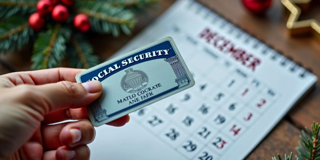 Hand holding Social Security card with December calendar.