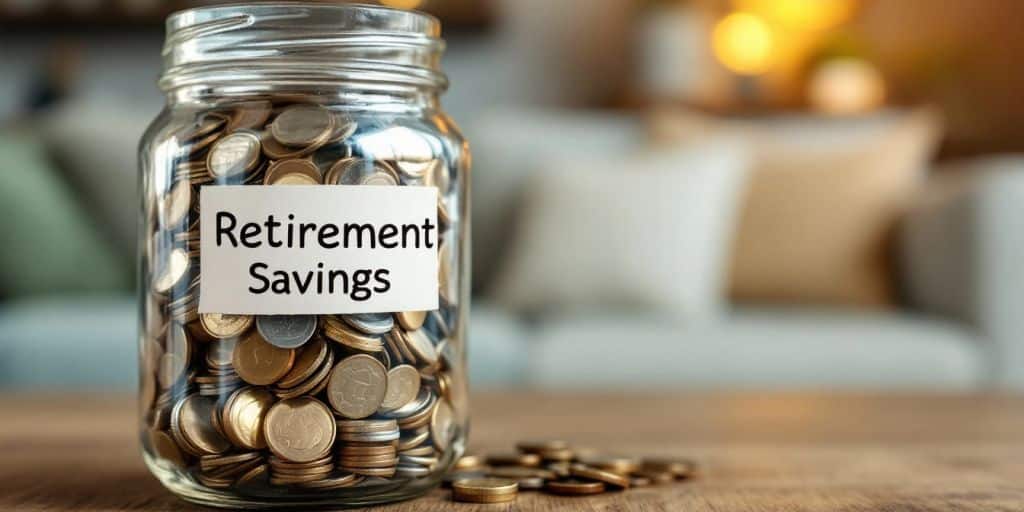 Retirement savings jar filled with coins on a table.