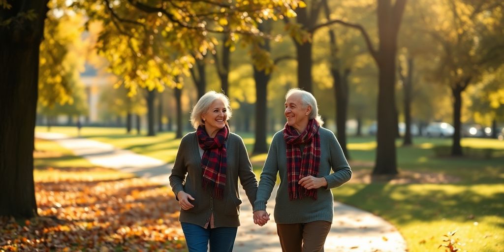 Couple walking in a park during autumn.