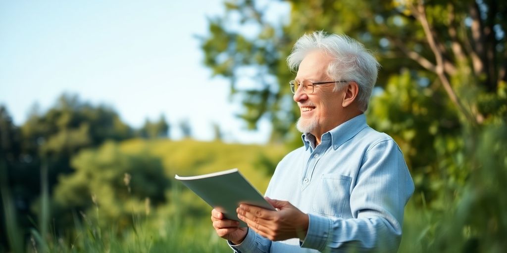 Mature couple discussing retirement surrounded by nature outdoors.