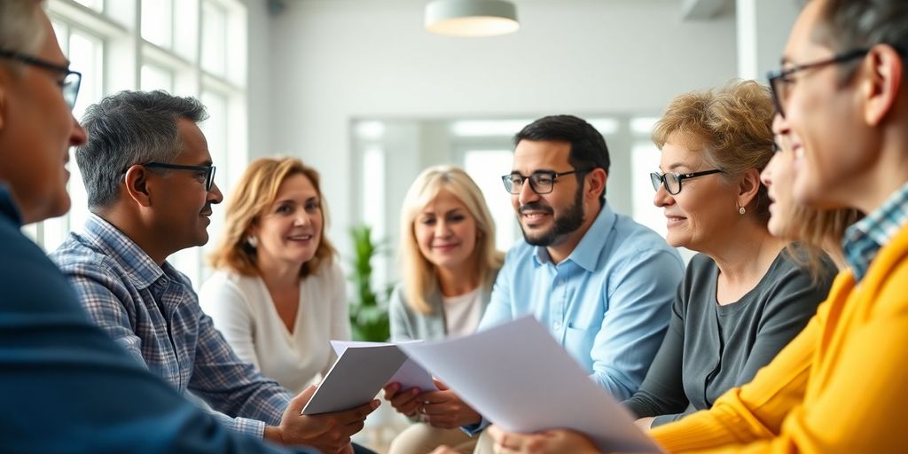 Group of people discussing retirement savings strategies.