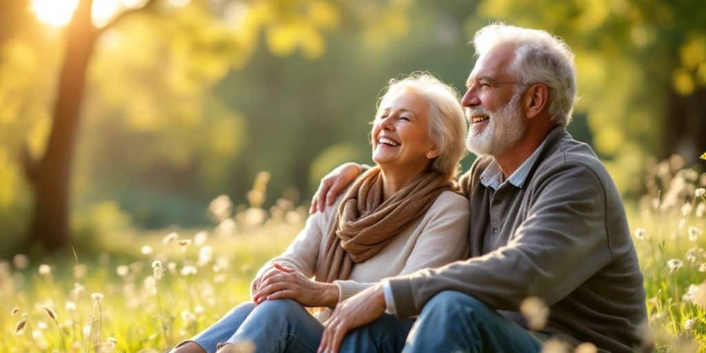 Happy retired couple enjoying nature in peaceful setting.