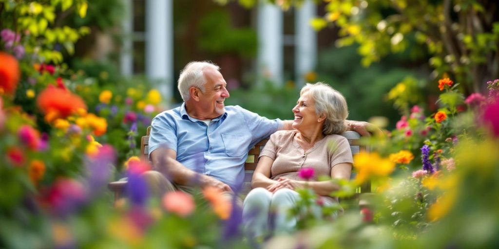 Couple enjoying a peaceful garden during retirement.