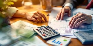 Person calculating taxes at a desk with documents.