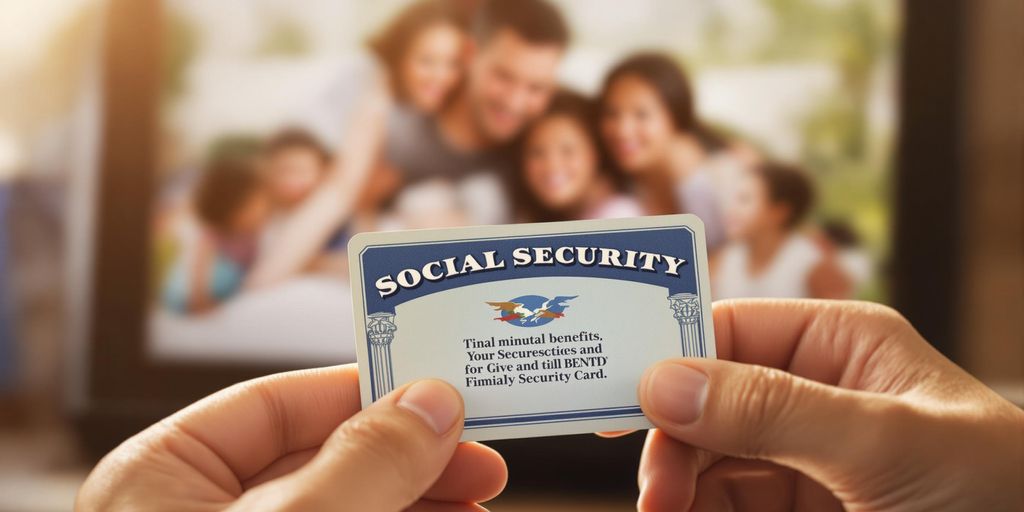 Hands holding a Social Security card with family photo background.