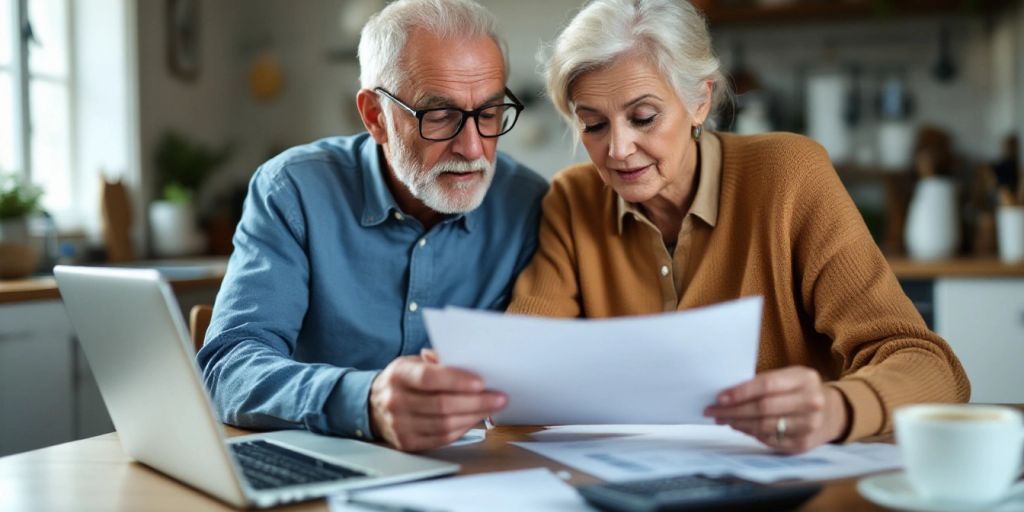 Elderly couple reviewing finances at a kitchen table.