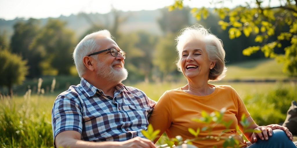 Happy couple enjoying retirement outdoors in nature.