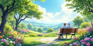 Couple sitting on a bench in a serene landscape.