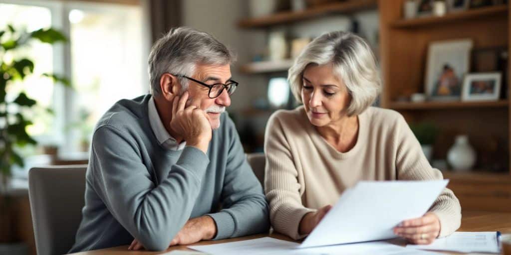 Older couple discussing retirement at home.