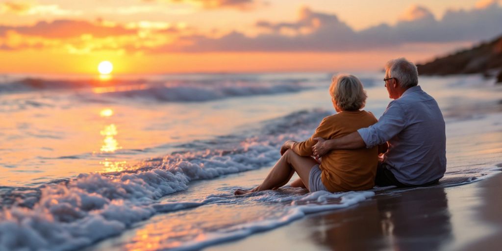 Couple enjoying a sunset by the beach in retirement.