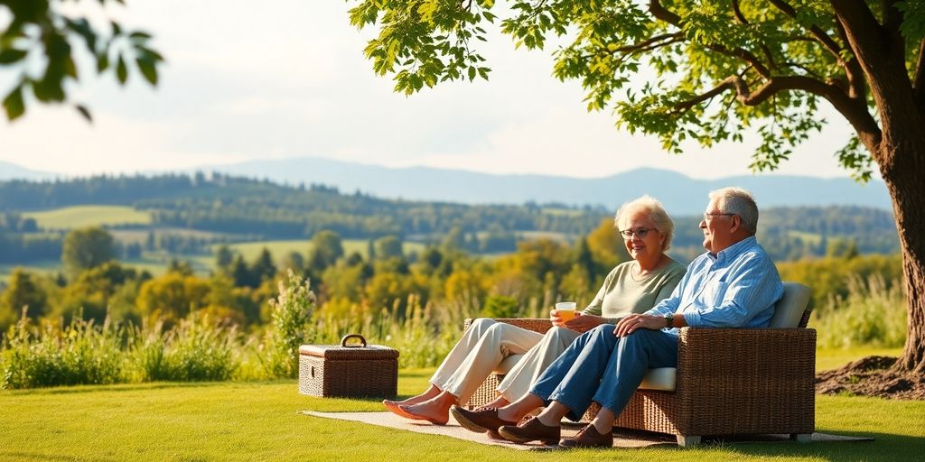 Retired couple relaxing in a peaceful nature setting.