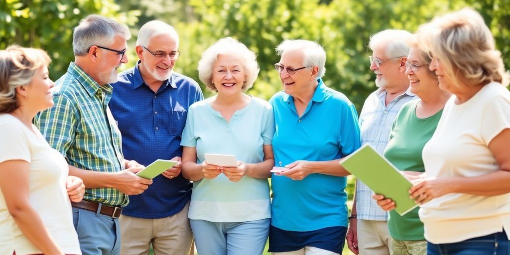 Older adults socializing outdoors, balancing work and retirement.