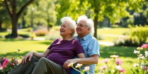 Couple enjoying a peaceful moment in a sunny park.