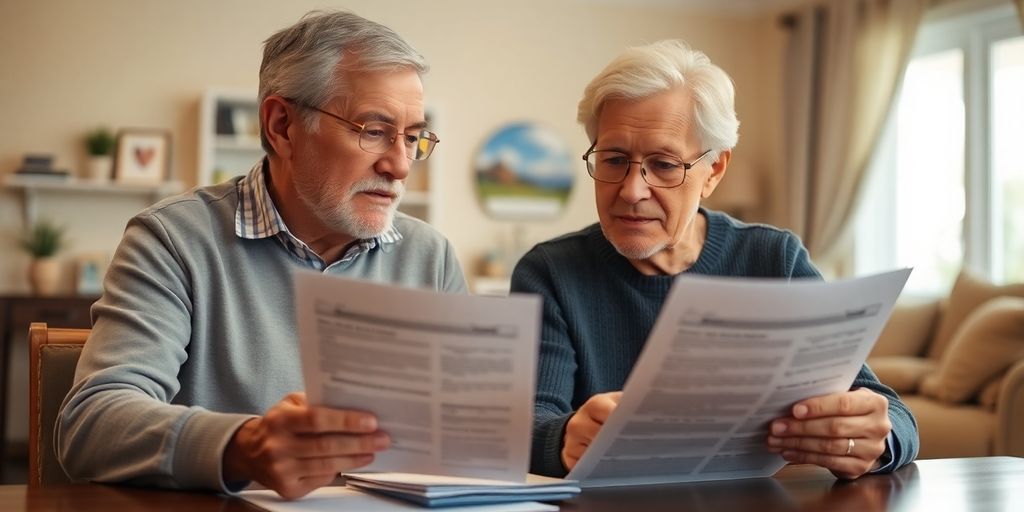 Senior couple discussing Social Security benefits at home.