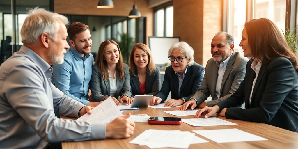 Group of professionals discussing retirement plans in an office.