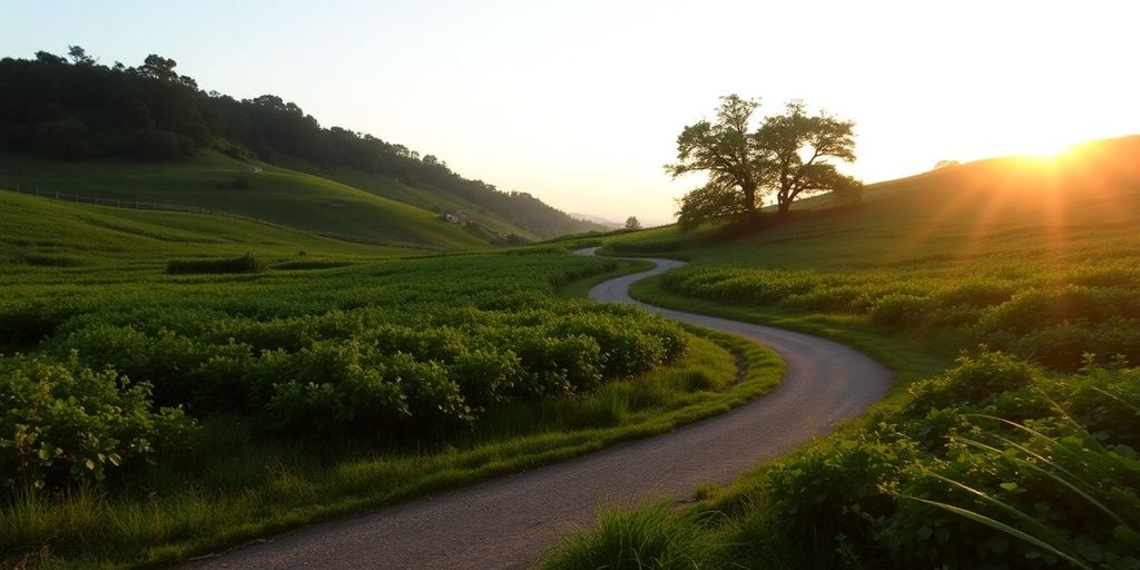 A winding path through a lush green landscape at sunset.