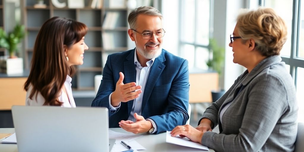 Financial planner advising couple on retirement savings options.