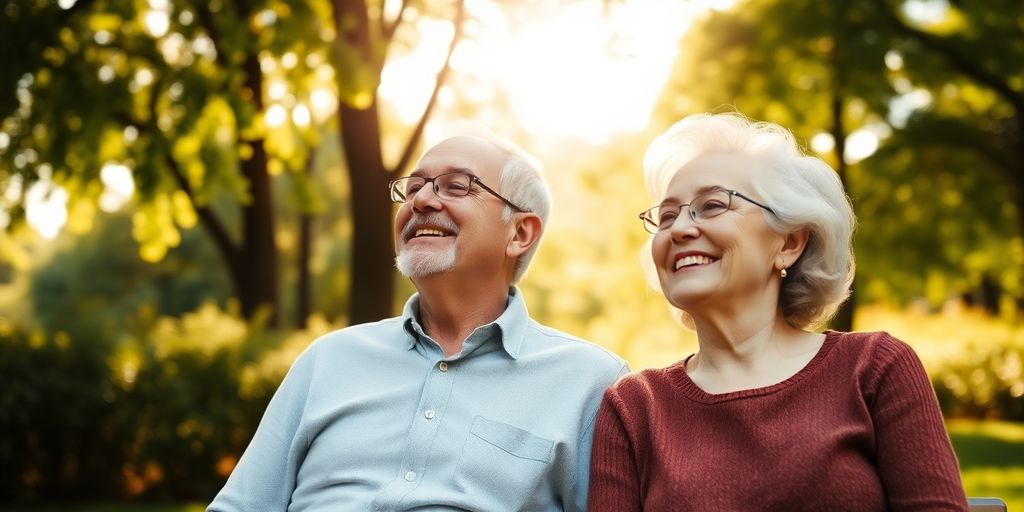 Elderly couple enjoying a peaceful moment in nature.