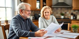 Couple discussing retirement planning at kitchen table.