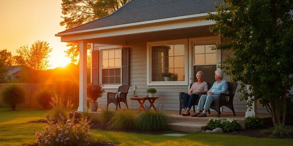 Serene retirement scene with couple enjoying peaceful sunset.