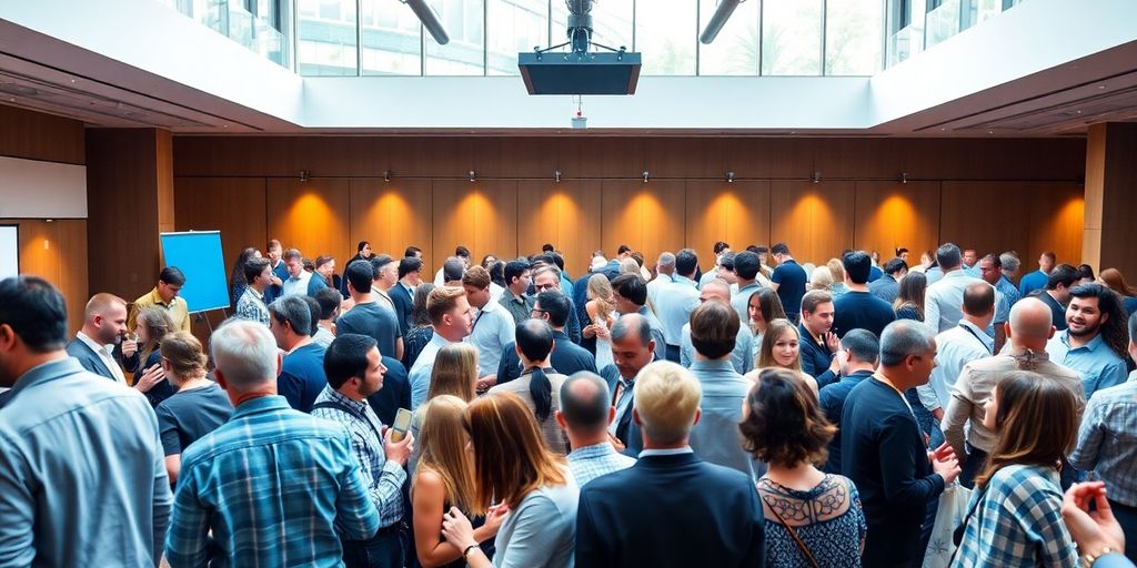 Conference attendees engaged in lively discussions and networking.