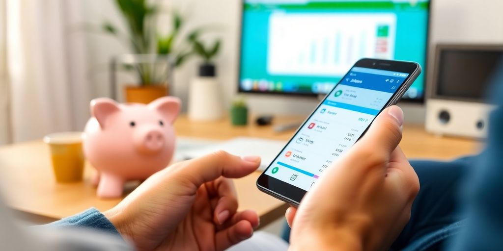 Person managing finances with a smartphone and piggy bank.