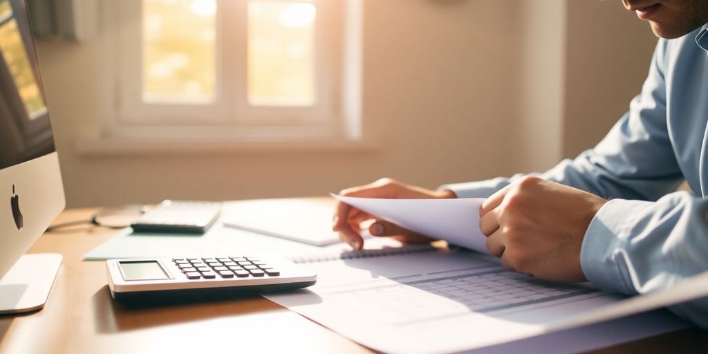 Person analyzing financial documents with a calculator.