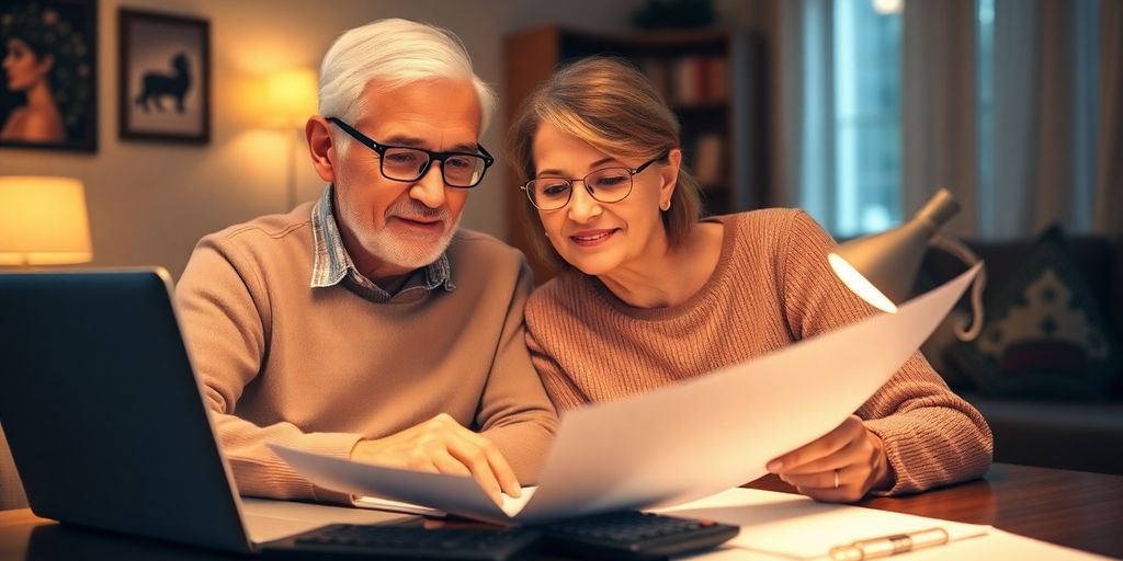 Older couple discussing retirement savings in home office.