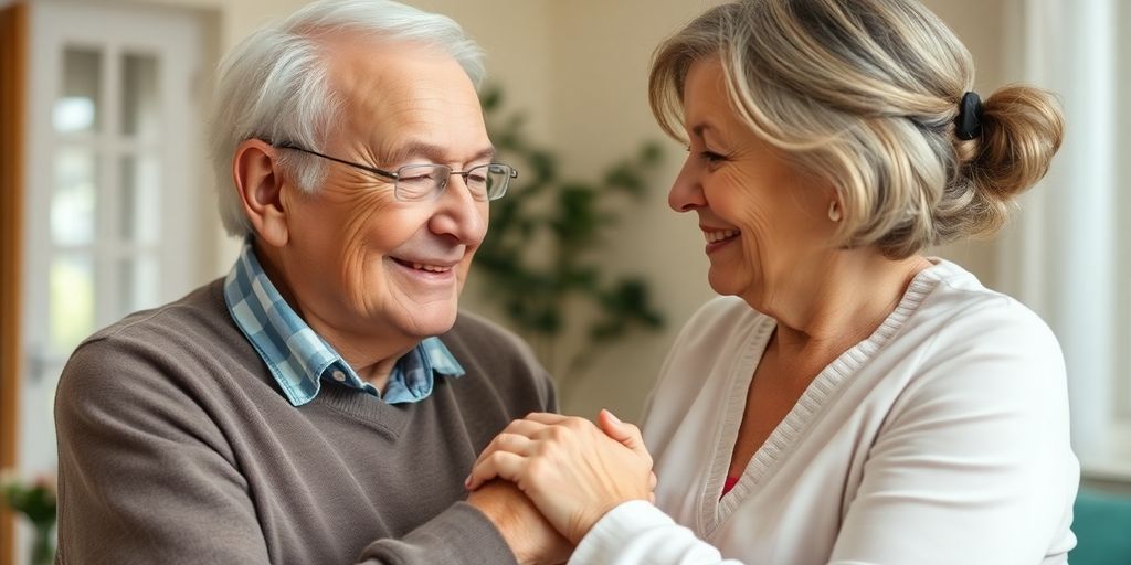 Elderly person with caregiver in a warm home setting.