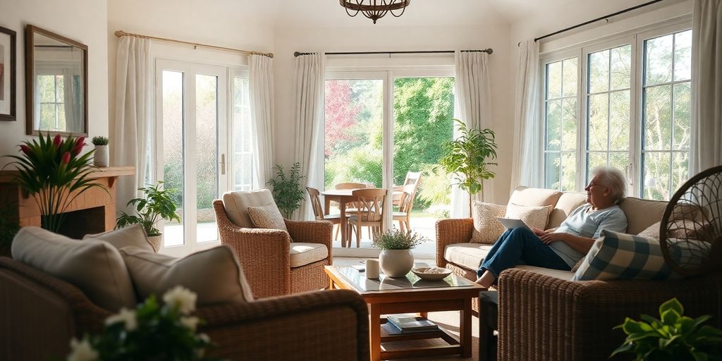 Cozy retirement home with a couple enjoying leisure activities.