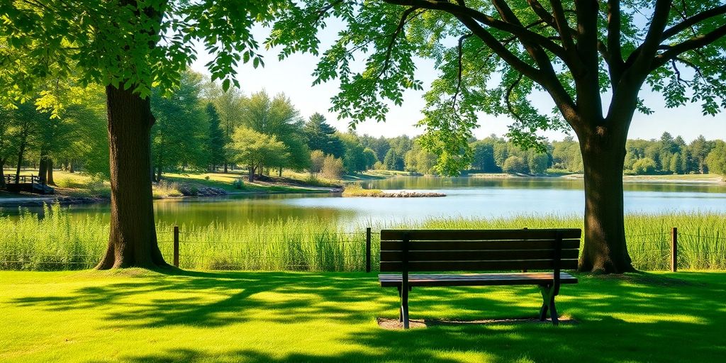 Tranquil retirement setting with lake and lush greenery.