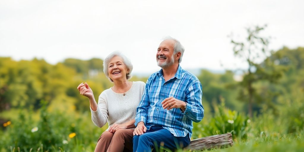 Retired couple relaxing in a peaceful natural setting.