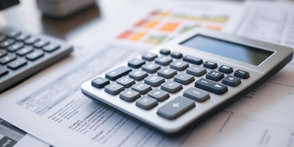 Calculator and financial documents on a desk.