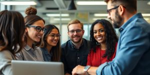 Diverse part-time employees collaborating in an office environment.