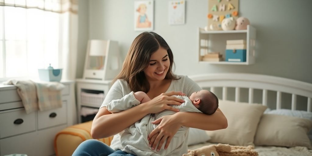 New parents holding their newborn in a cozy nursery.