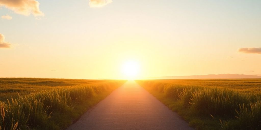 Pathway leading to a bright horizon in a serene landscape.