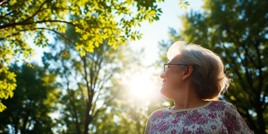 Couple enjoying nature in a tranquil retirement setting.