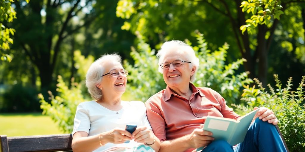 Happy older couple enjoying retirement outdoors in sunlight.