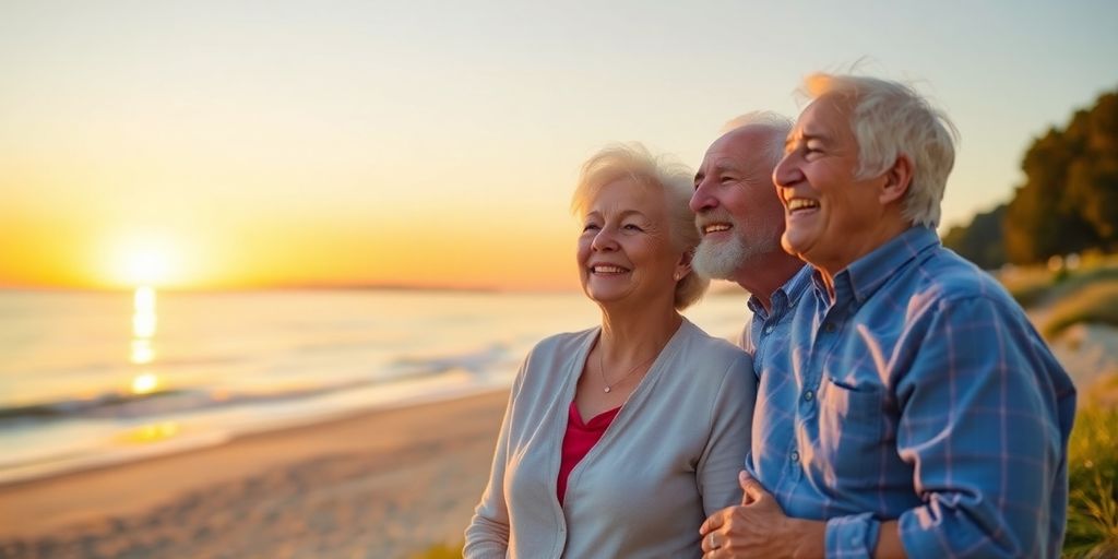 Older couple enjoying a sunset by the beach.