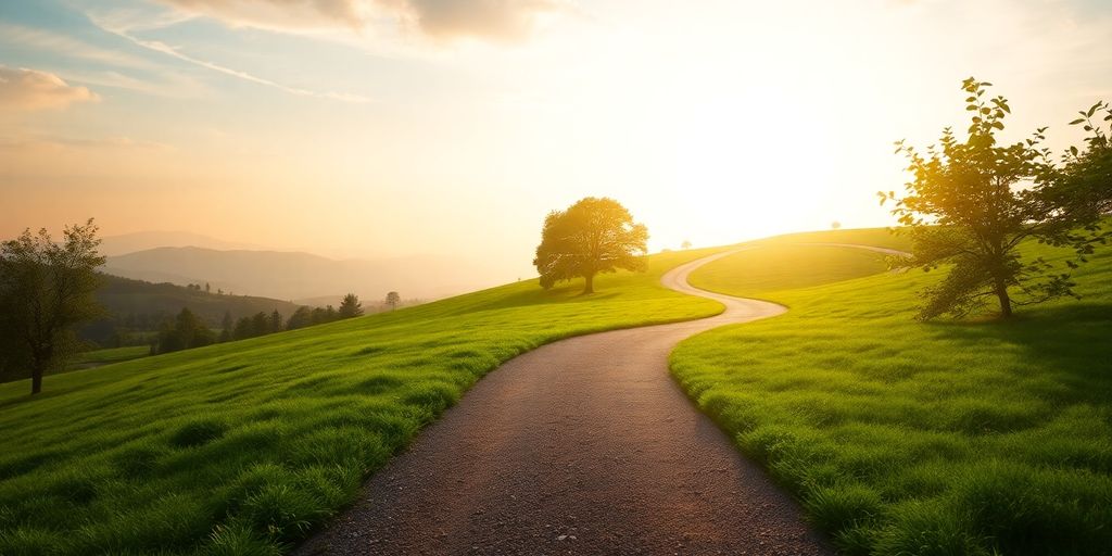 Scenic path leading to a bright, hopeful horizon.