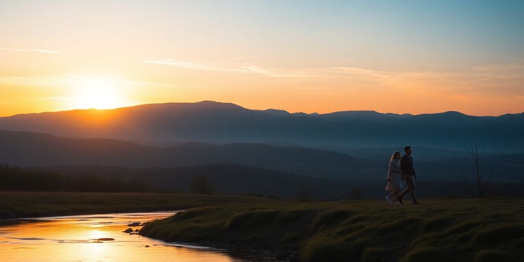 Couple walking by a peaceful river at sunset.