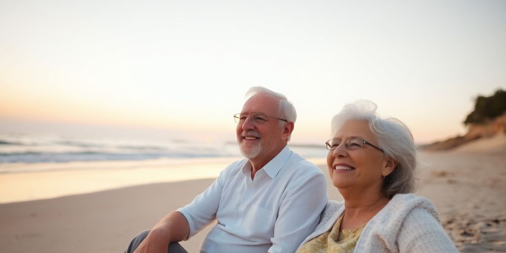 Couple relaxing on the beach during sunset.