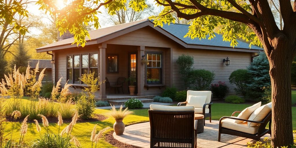 Peaceful retirement home with garden in warm sunlight.