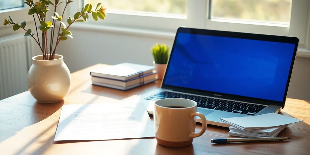 Workspace with laptop and coffee for retirement planning.