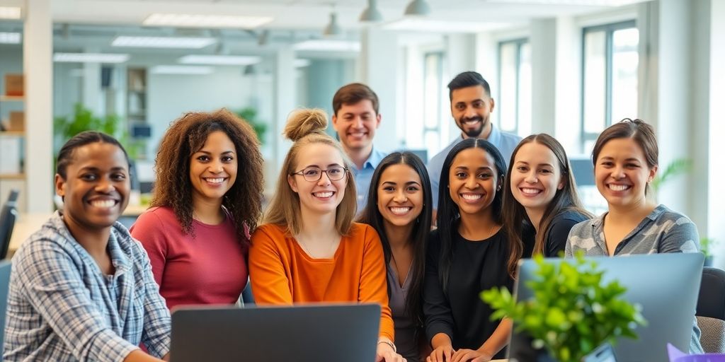 Diverse part-time employees collaborating in a modern office.