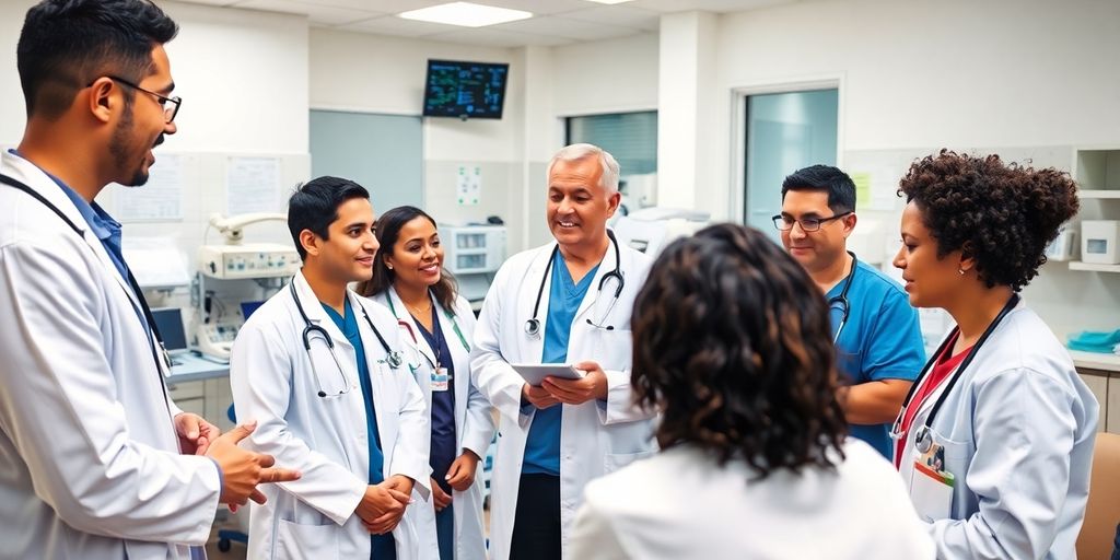 Healthcare professionals collaborating in a modern medical facility.