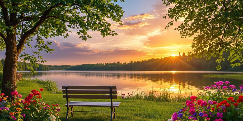 A sunset over a calm lake with a bench.