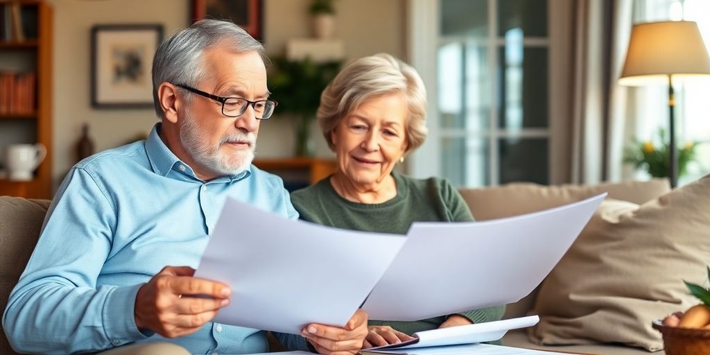 Elderly couple discussing retirement finances in a cozy home.