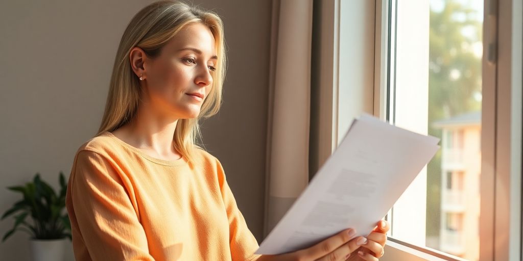 Person reviewing financial documents in a sunlit room.