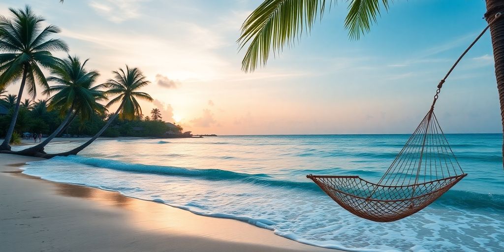 Beach sunset with palm trees and a hammock.